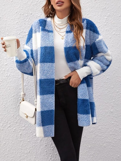 Women Spring/Fall Outerwear Vintage Split Joint Plaid Long Sleeve Hooded Jacket