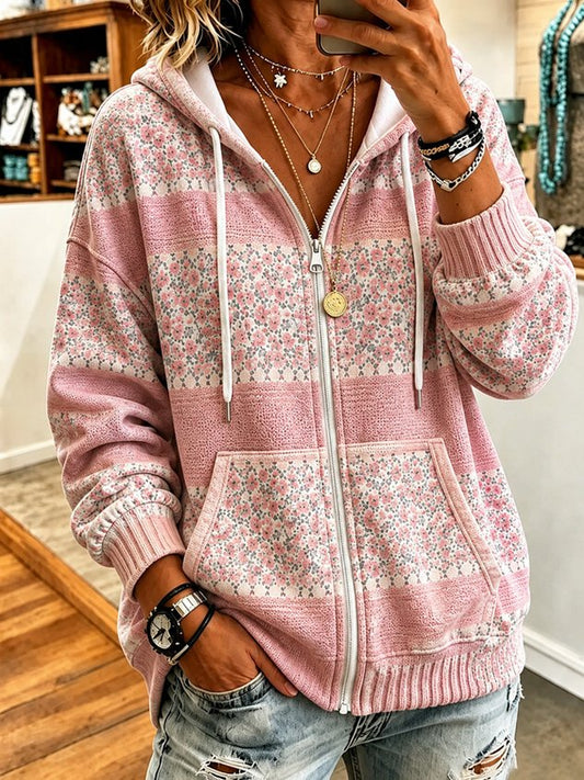 Women Spring/Fall Outerwear Casual Floral Long Sleeve Hoodie Jacket