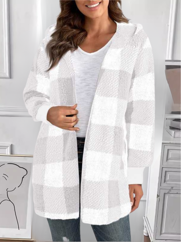 Women Spring/Fall Outerwear Vintage Split Joint Plaid Long Sleeve Hooded Jacket
