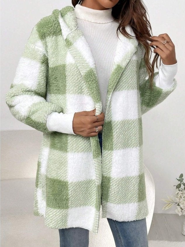 Women Spring/Fall Outerwear Vintage Split Joint Plaid Long Sleeve Hooded Jacket