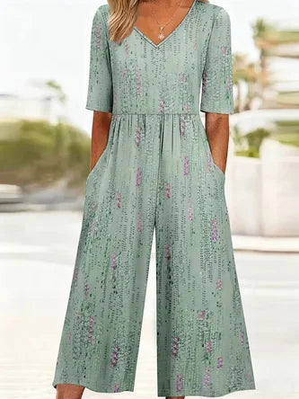 Women Abstract V Neck Half Sleeve Casual Summer Jumpsuit