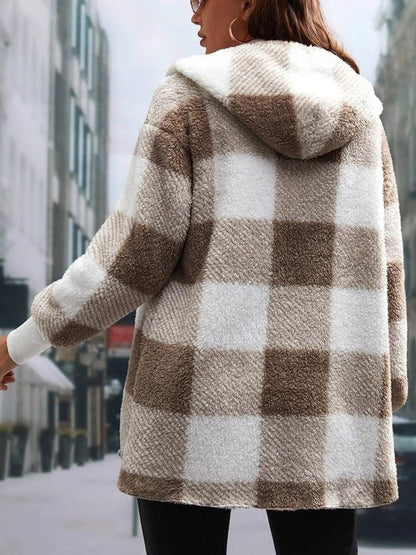 Women Spring/Fall Outerwear Vintage Split Joint Plaid Long Sleeve Hooded Jacket