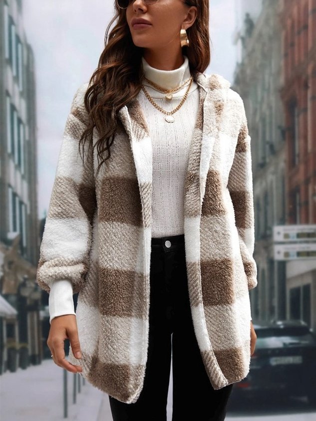Women Spring/Fall Outerwear Vintage Split Joint Plaid Long Sleeve Hooded Jacket