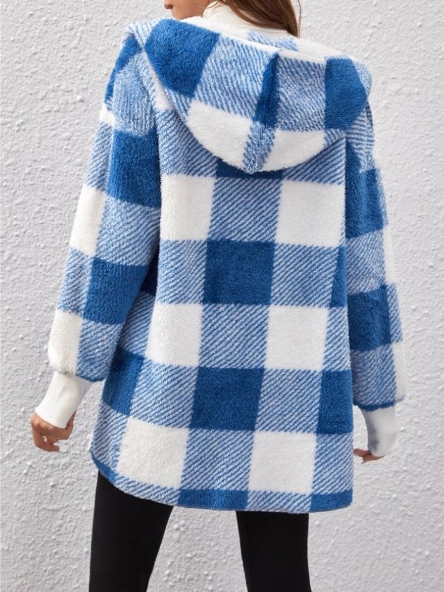 Women Spring/Fall Outerwear Vintage Split Joint Plaid Long Sleeve Hooded Jacket