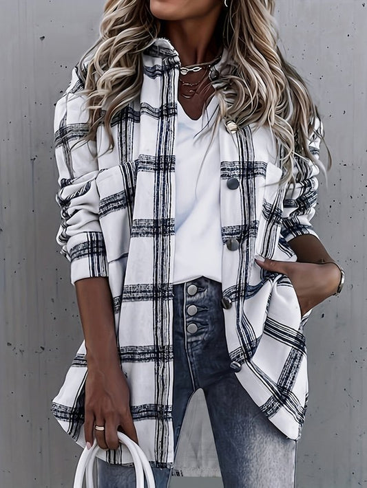 Women Autumn Outerwear Vintage Plaid Long Sleeve Shawl Collar Jacket