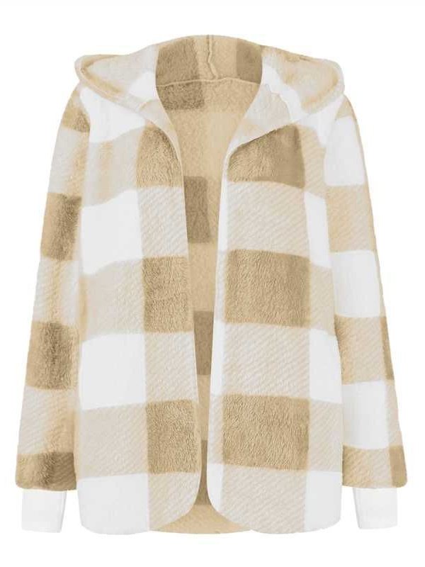 Women Spring/Fall Outerwear Vintage Split Joint Plaid Long Sleeve Hooded Jacket