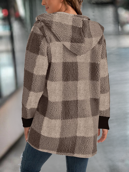 Women Spring/Fall Outerwear Vintage Split Joint Plaid Long Sleeve Hooded Jacket