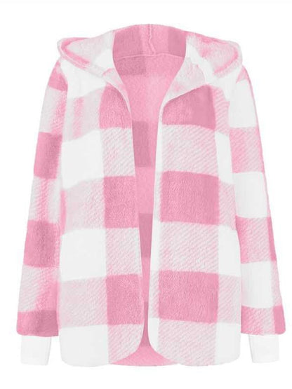 Women Spring/Fall Outerwear Vintage Split Joint Plaid Long Sleeve Hooded Jacket