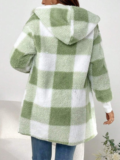 Women Spring/Fall Outerwear Vintage Split Joint Plaid Long Sleeve Hooded Jacket