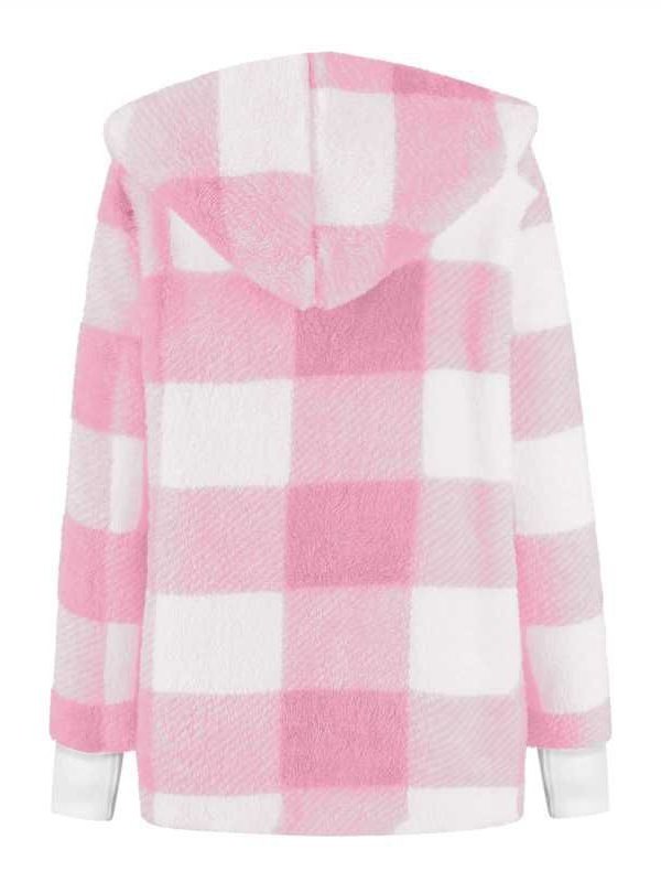 Women Spring/Fall Outerwear Vintage Split Joint Plaid Long Sleeve Hooded Jacket