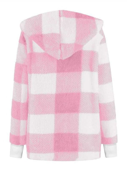 Women Spring/Fall Outerwear Vintage Split Joint Plaid Long Sleeve Hooded Jacket