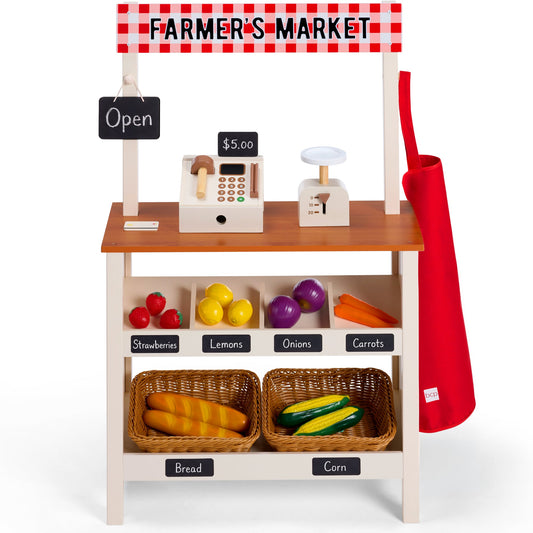Wooden Farmers Market Stand for Kids w/ 22 Accessories, Play Grocery Store