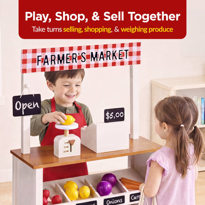 Wooden Farmers Market Stand for Kids w/ 22 Accessories, Play Grocery Store