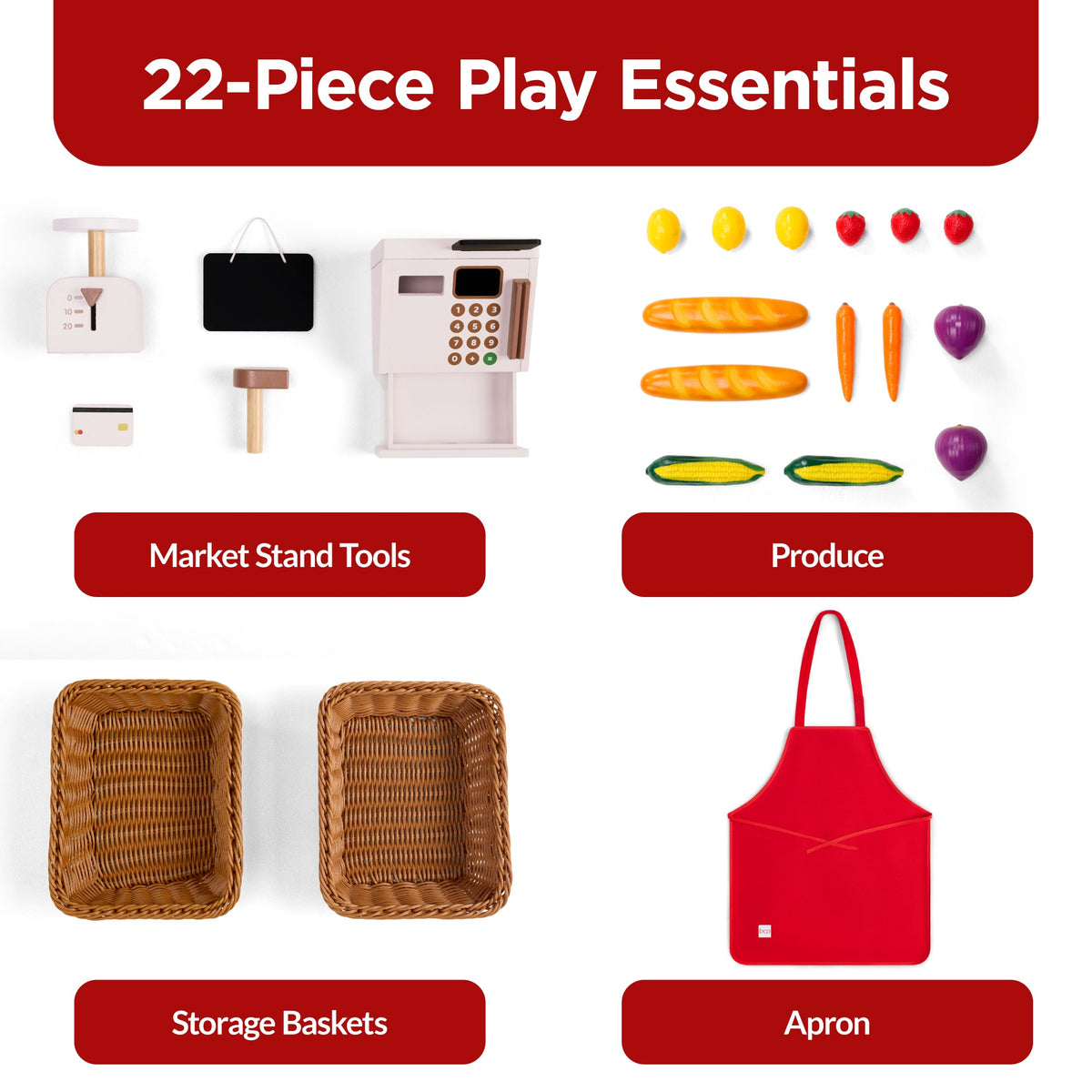 Wooden Farmers Market Stand for Kids w/ 22 Accessories, Play Grocery Store