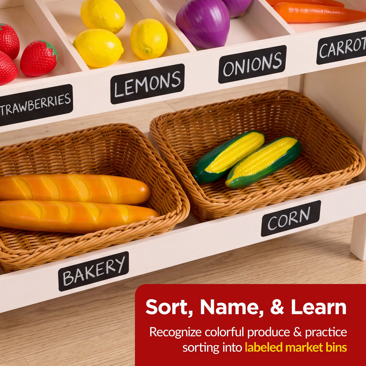 Wooden Farmers Market Stand for Kids w/ 22 Accessories, Play Grocery Store
