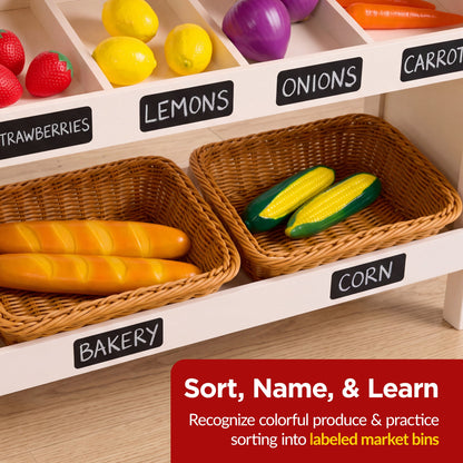 Wooden Farmers Market Stand for Kids w/ 22 Accessories, Play Grocery Store