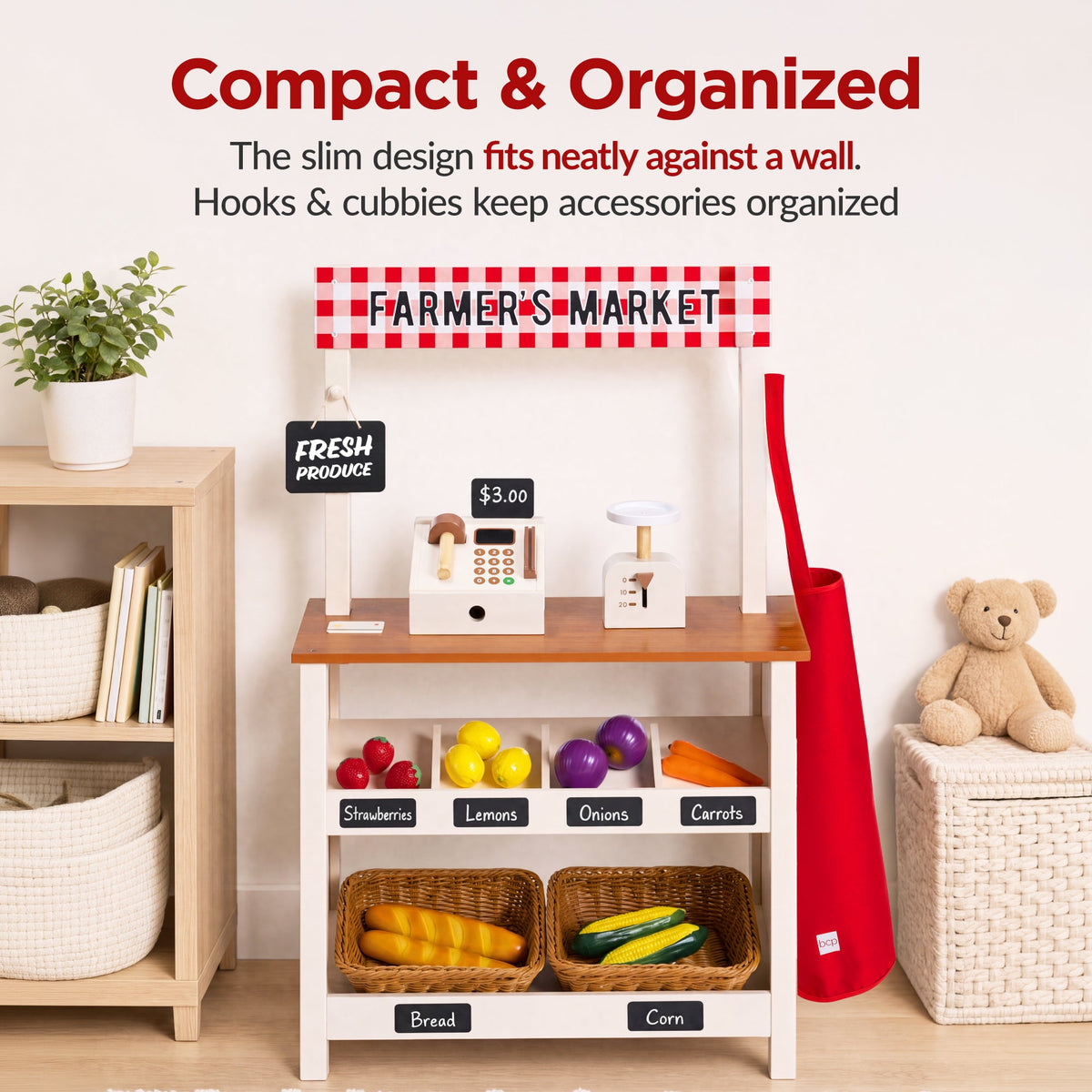 Wooden Farmers Market Stand for Kids w/ 22 Accessories, Play Grocery Store