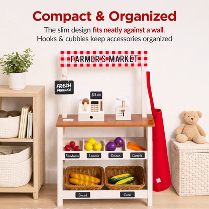 Wooden Farmers Market Stand for Kids w/ 22 Accessories, Play Grocery Store