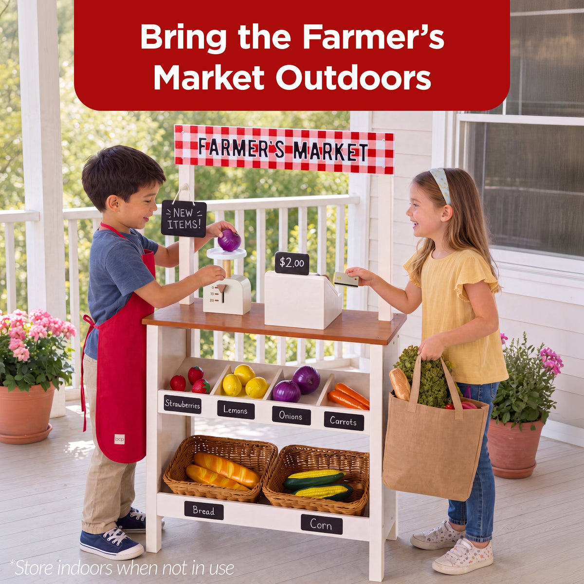 Wooden Farmers Market Stand for Kids w/ 22 Accessories, Play Grocery Store