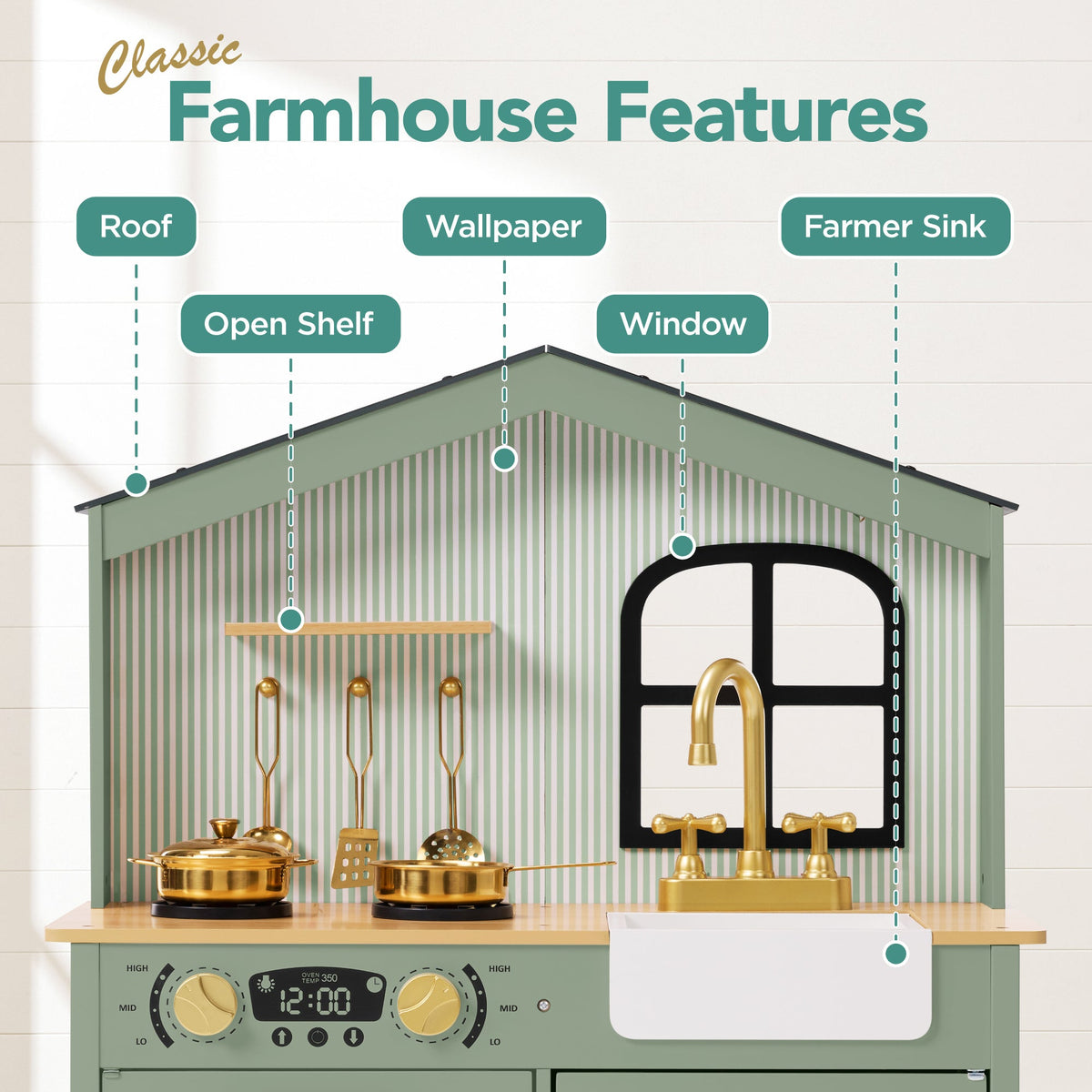 Farmhouse Wooden Play Kitchen for Kids with Storage & 6 Accessories, Ages 3+