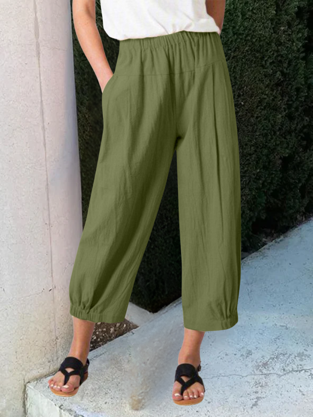 Women Plain Ankle Pants Elastic Waist Pants Casual Spring/Fall Trousers