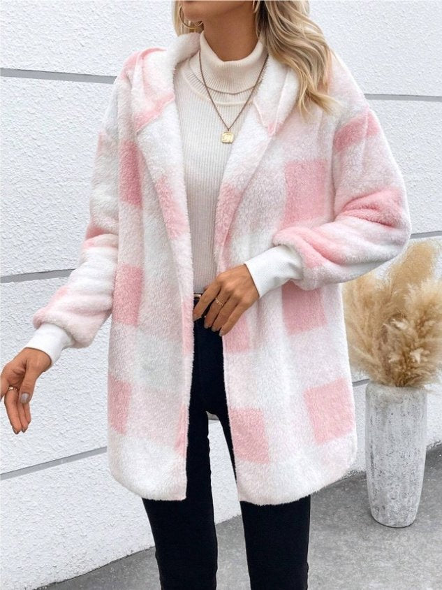 Women Spring/Fall Outerwear Vintage Split Joint Plaid Long Sleeve Hooded Jacket