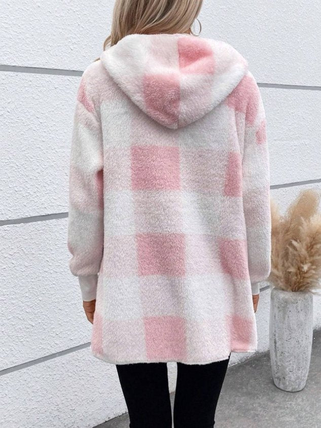 Women Spring/Fall Outerwear Vintage Split Joint Plaid Long Sleeve Hooded Jacket