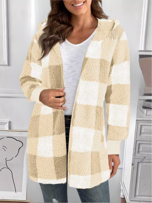 Women Spring/Fall Outerwear Vintage Split Joint Plaid Long Sleeve Hooded Jacket
