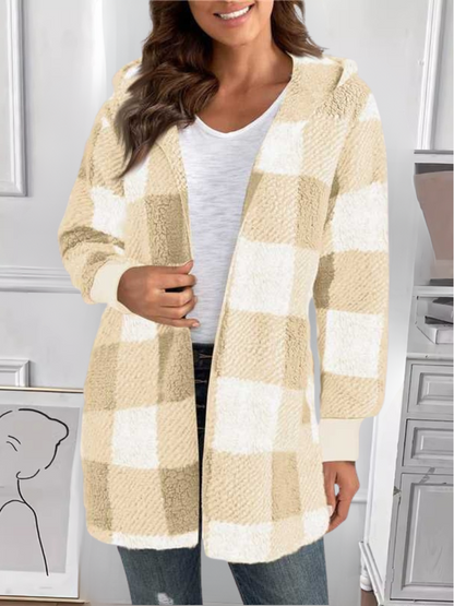 Women Spring/Fall Outerwear Vintage Split Joint Plaid Long Sleeve Hooded Jacket