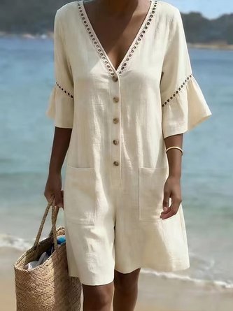 Women Plain V Neck Half Sleeve Vintage Summer Cotton And Linen Jumpsuit