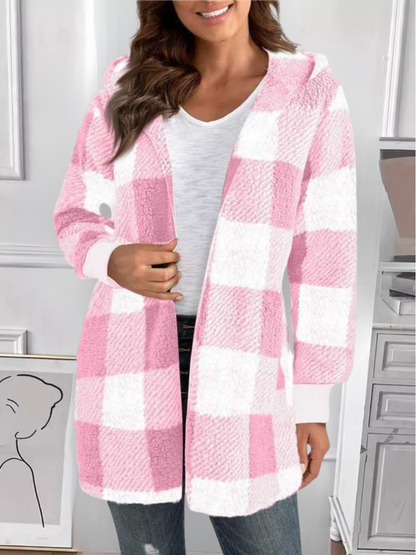 Women Spring/Fall Outerwear Vintage Split Joint Plaid Long Sleeve Hooded Jacket