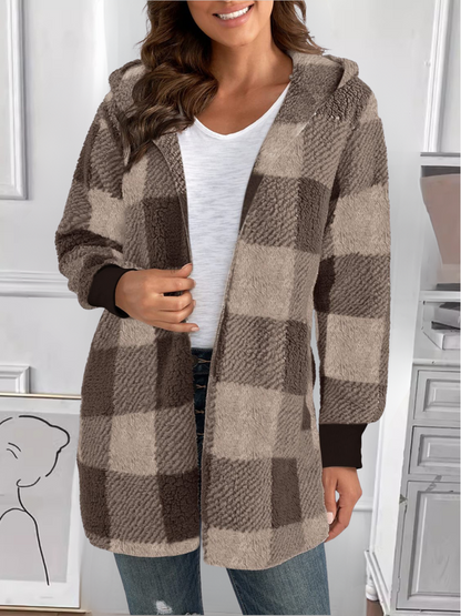 Women Spring/Fall Outerwear Vintage Split Joint Plaid Long Sleeve Hooded Jacket
